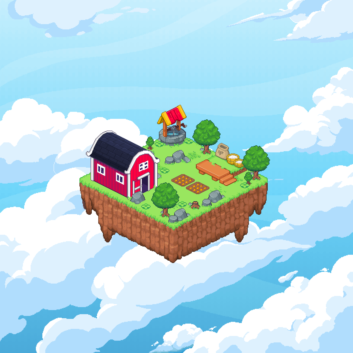 Homestead: the Common RRF Genesis Land, a small sky island with a barn, well and first crop plots