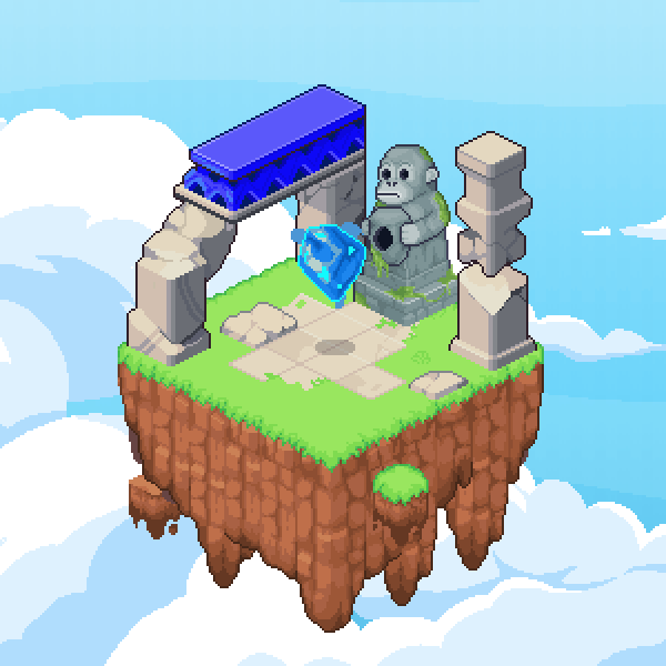 The floating relic island: a stone Ronke Ancient statue holding the void orb, under an arch with a crystal bridge
